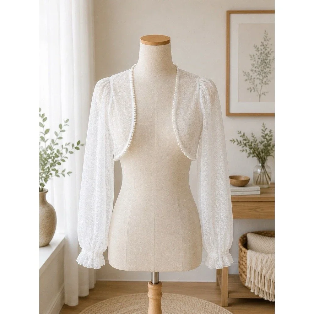 Dazy Sheer White Pearl Trim Bolero Shrug Cropped Puff Sleeve Cardigan M